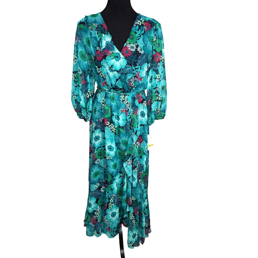 Maison Tara Teal Floral Chiffon Faux Wrap Maxi Dress Ruffle Boho Garden NWT 14 - Picture 2 of 11